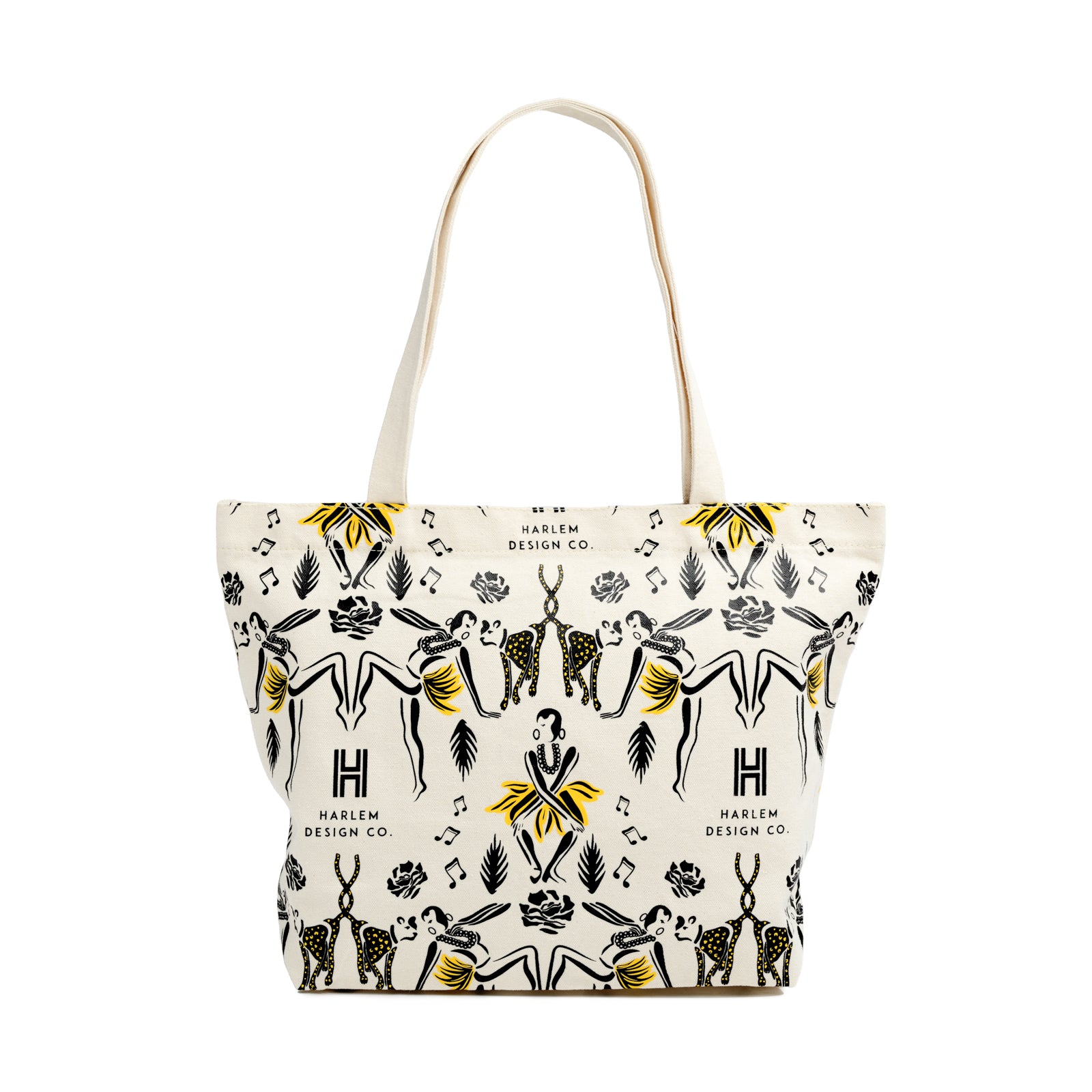 Canvas tote bag with Harlem Design illistrations of Josephine Baker and her cheetah.