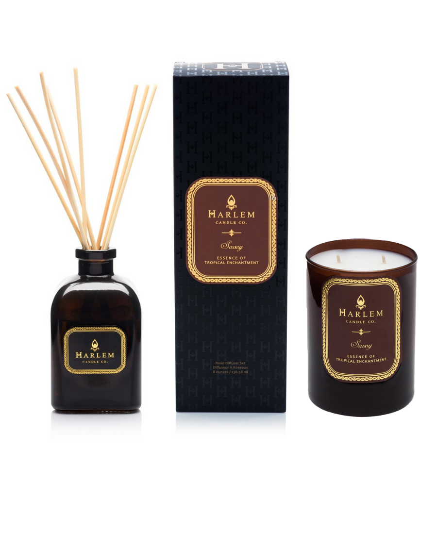 Picture of the Savoy diffuser with the savoy deco box in the middle along with the savoy candle on the right.