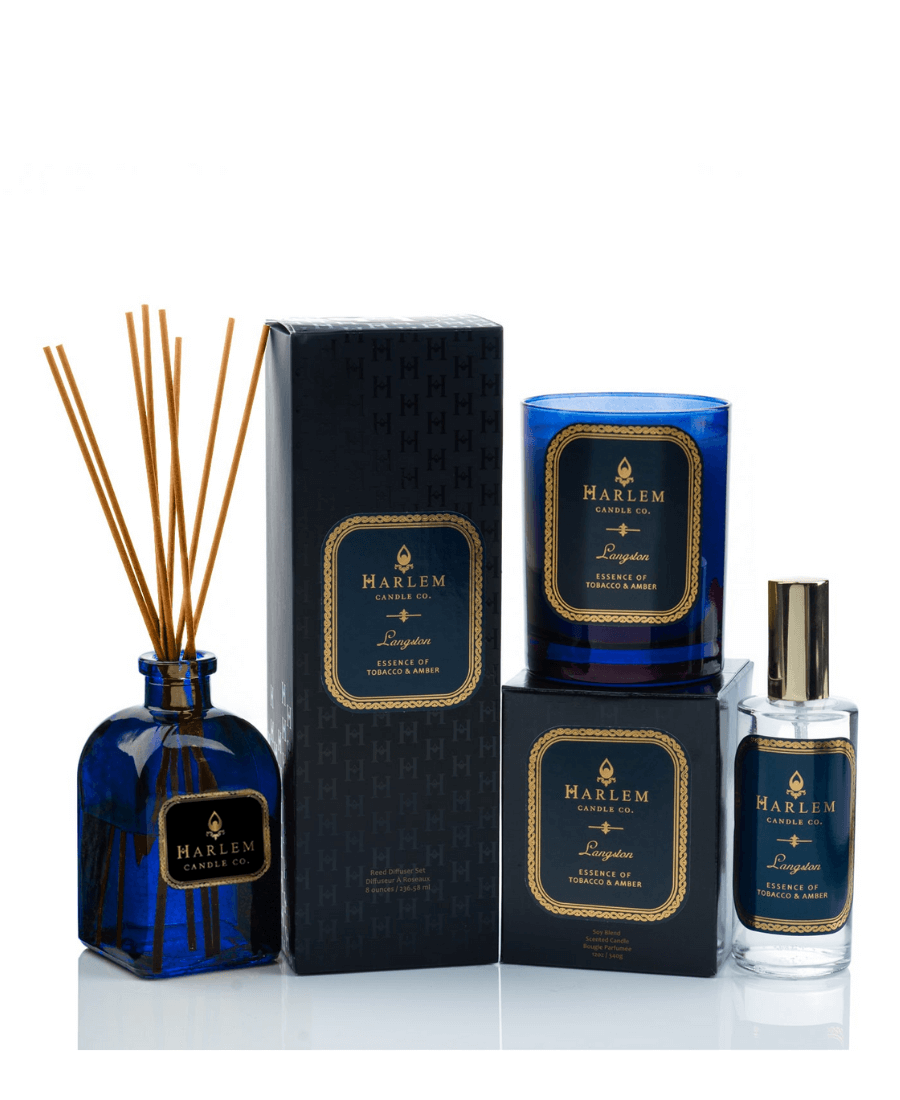 This photo showcases our the "Langston" diffuser, the 12-oz "Langston" candle, and the "Langston" room spray on a white background.