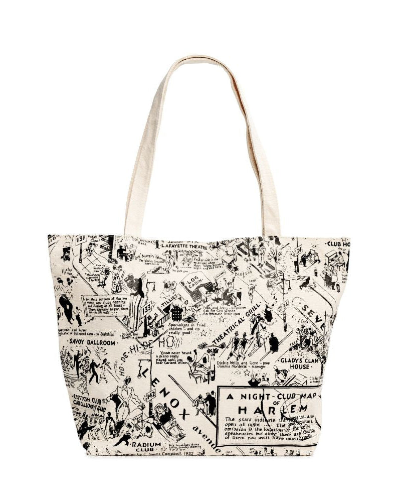 Canvas tote bag with the illustration of the Nightclub map by E. Simms Campbell in 1932 and portraying the after-dark world of the speakeasies, nightclubs, secret lounges and the vibrant entertainers who were the shining lights during the Harlem Renaissance. 