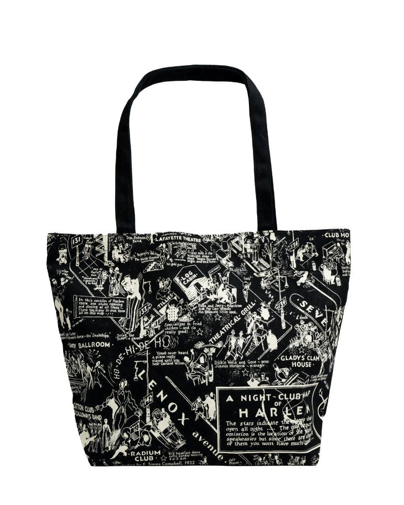 Black tote bag with the illustration of the Nightclub map by E. Simms Campbell in 1932 and portraying the after-dark world of the speakeasies, nightclubs, secret lounges and the vibrant entertainers who were the shining lights during the Harlem Renaissance. 