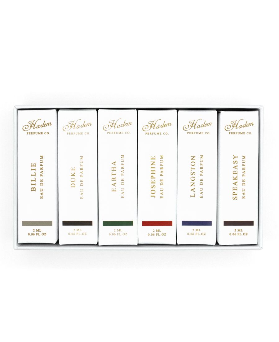 This is an image of our discovery set of six 2ml eaux des parfums samples featuring Billie, Duke, Eartha, Josephine, Langston, and Speakeasy.