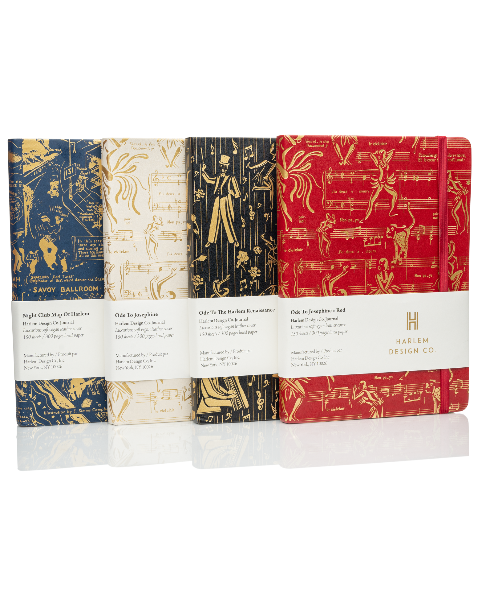 This is a group shot of all four of the Harlem Renaissance inspired journals. The white sleeve with product information is on each of these journals.