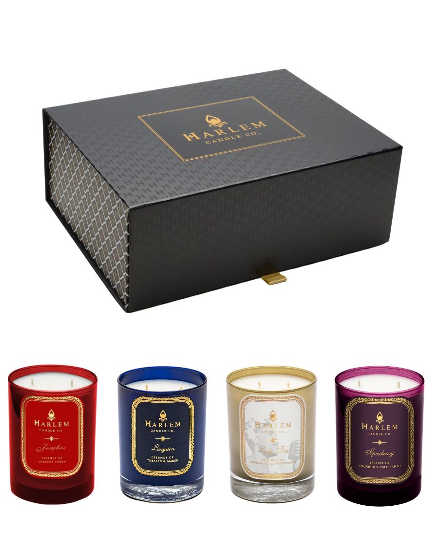 This is an image of our Harlem Icons gift box with candles that include Josephine, Langston, lady day, and speakeasy. This collection has our top selling candle fragrance.