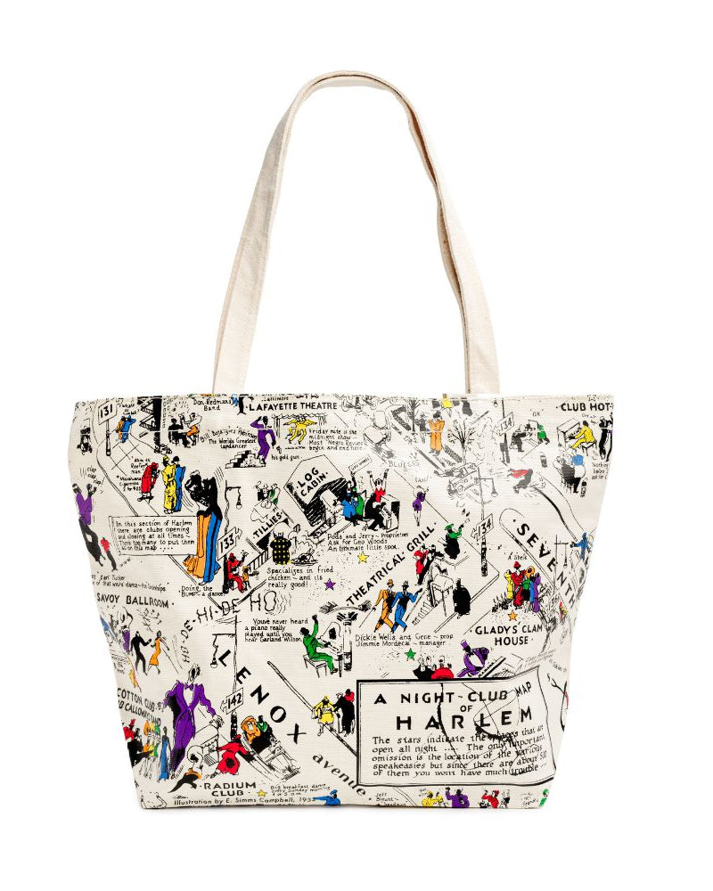 This is an image of our nightclub map of Harlem tote bag with colors on a white background. 
