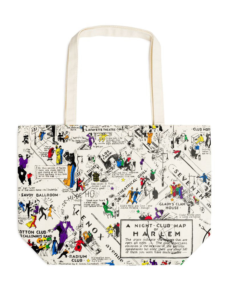 This is an alternate image of our nightclub map of Harlem tote bag with colors on a white background. 