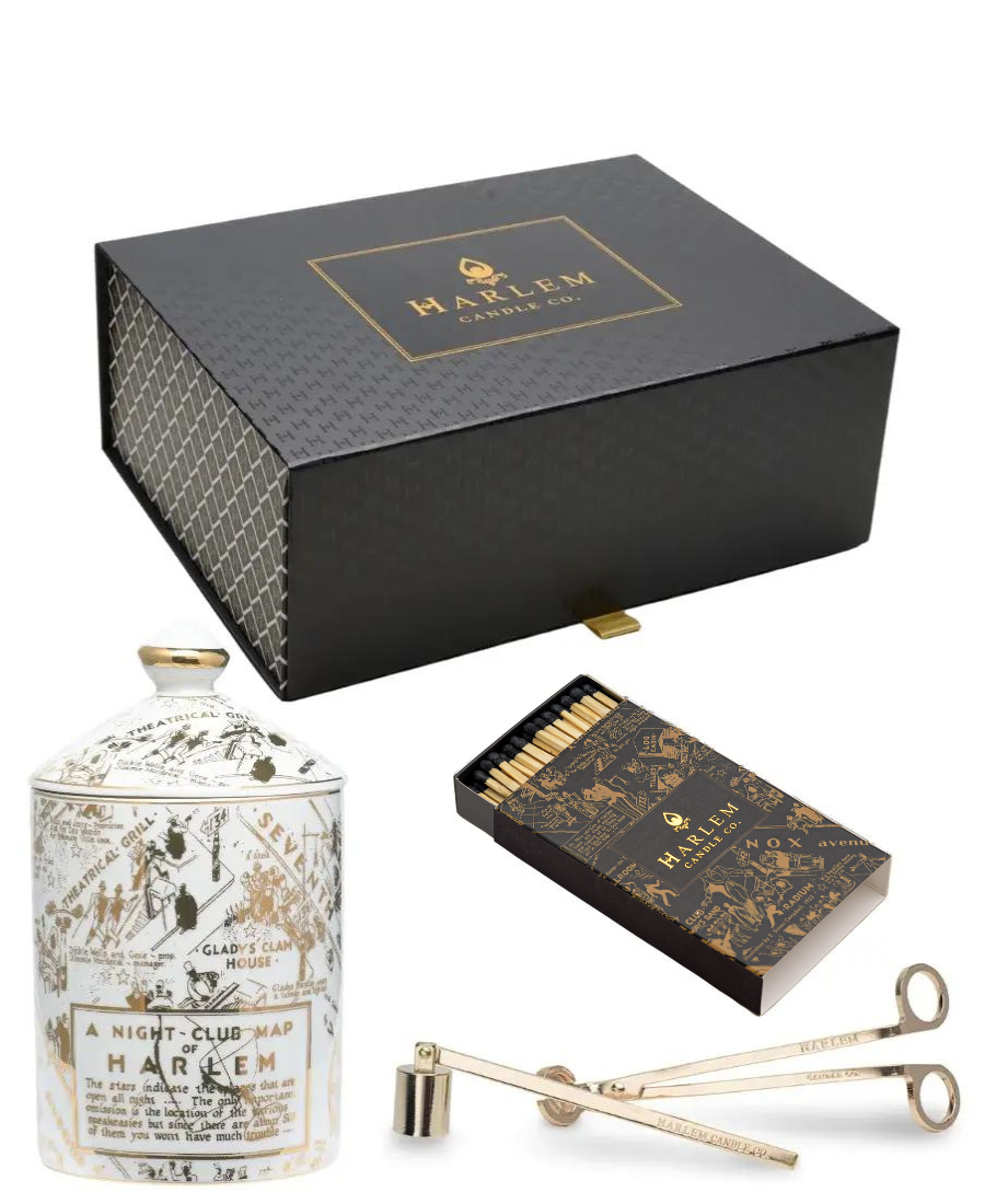 Image of the Speakeasy Ceramic Gold gift set with Harlem Candle Co branded Wick Trimmer and Candle Snuffer set.  The box also includes the gold and black Nightclub Map of Harlem matches.