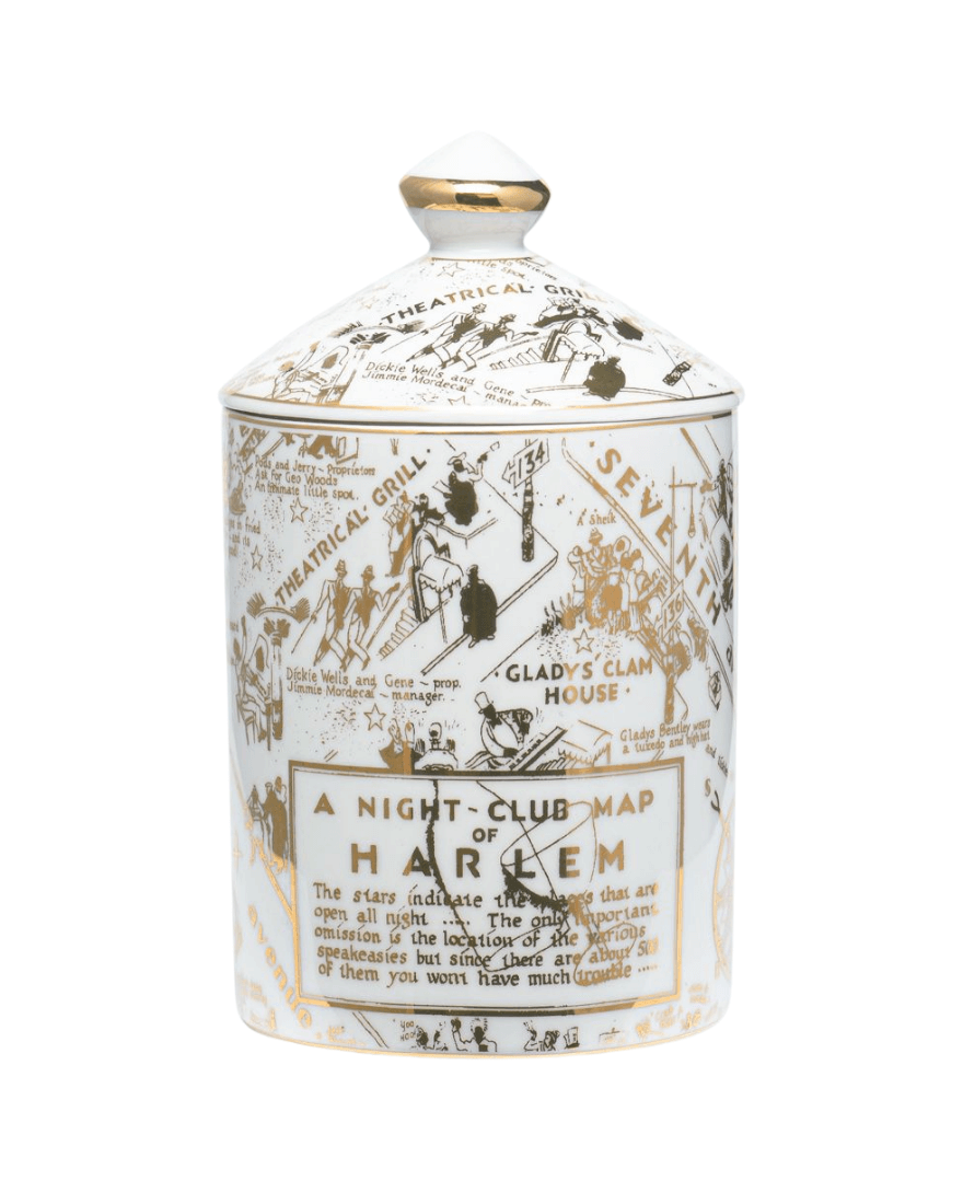 Image of the Speakeasy Ceramic gold candle with the Nightclub Map of Harlem