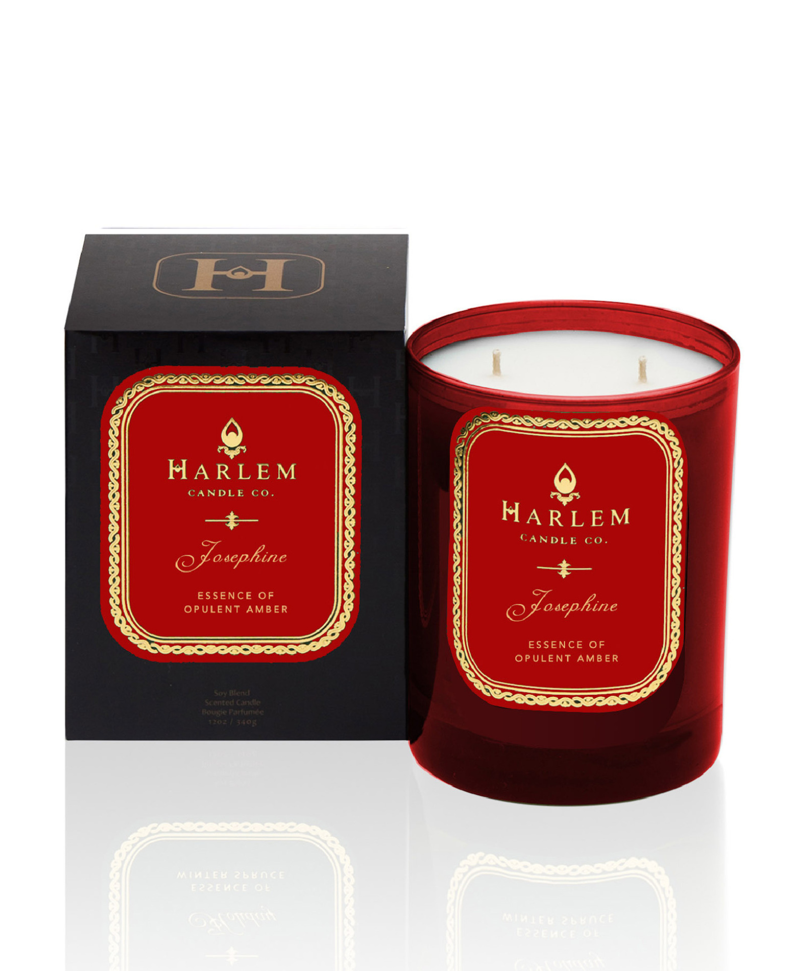 Red 11 oz Josephine candle with 2 wicks featured next to it's decorative box